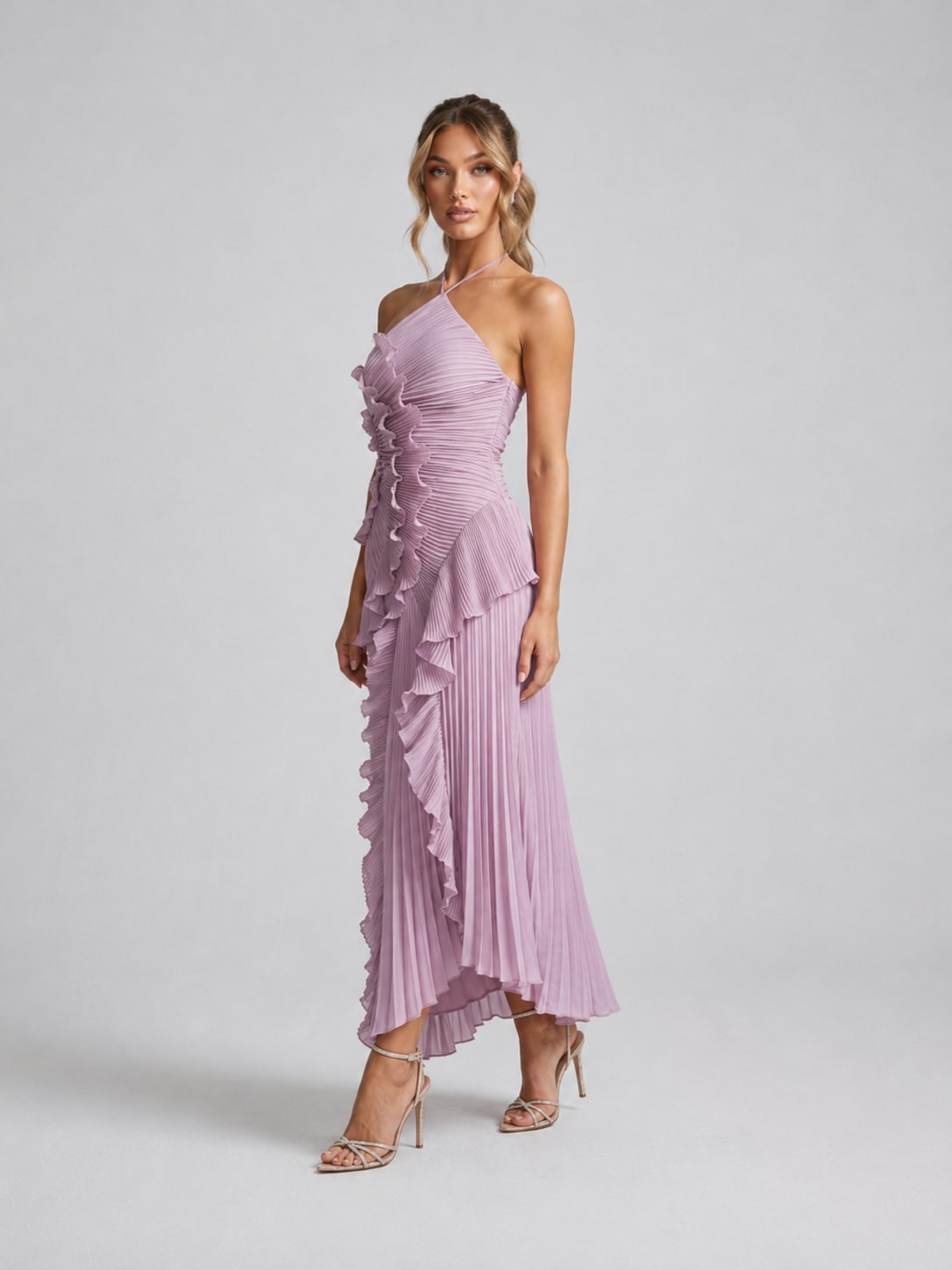 Delphi Pleated Ruffle Halter Maxi Dress_2