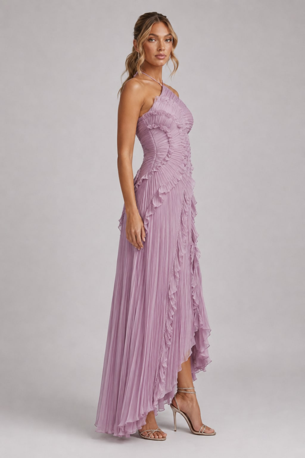Delphi Pleated Ruffle Halter Maxi Dress_3