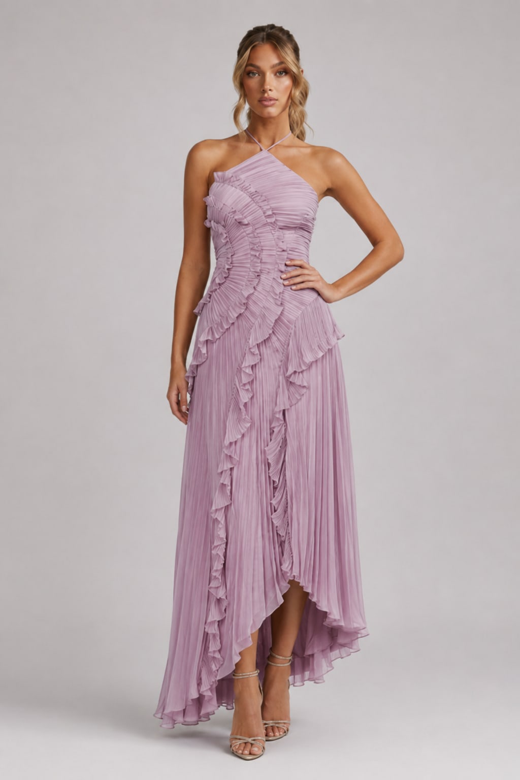Delphi Pleated Ruffle Halter Maxi Dress_4