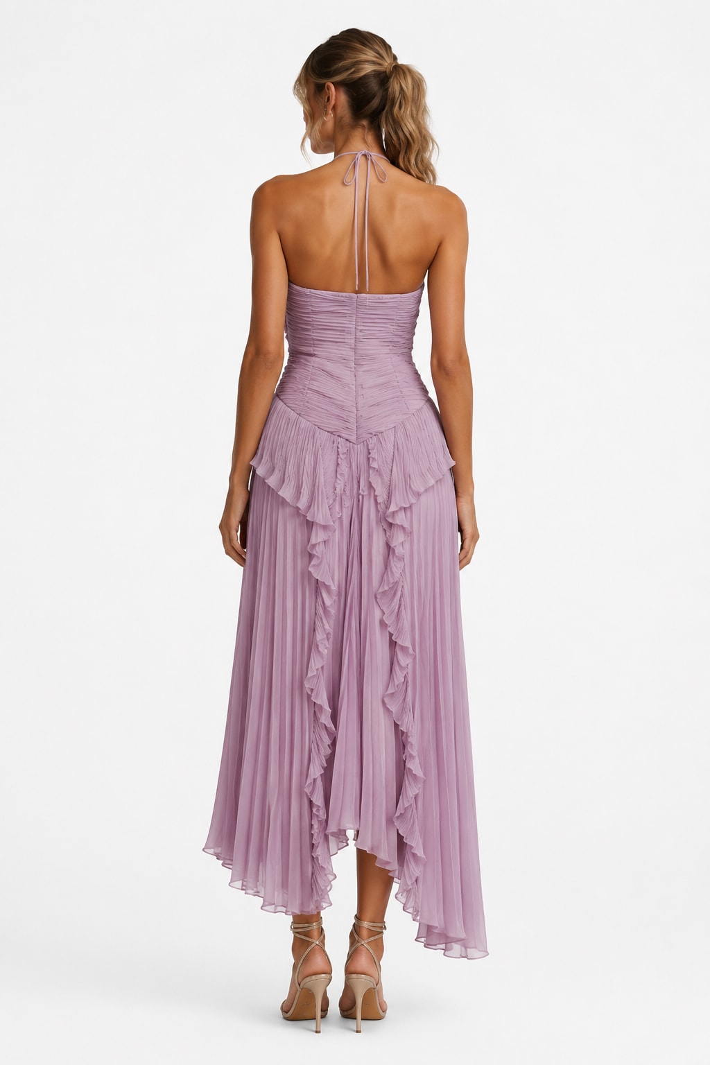 Delphi Pleated Ruffle Halter Maxi Dress_5