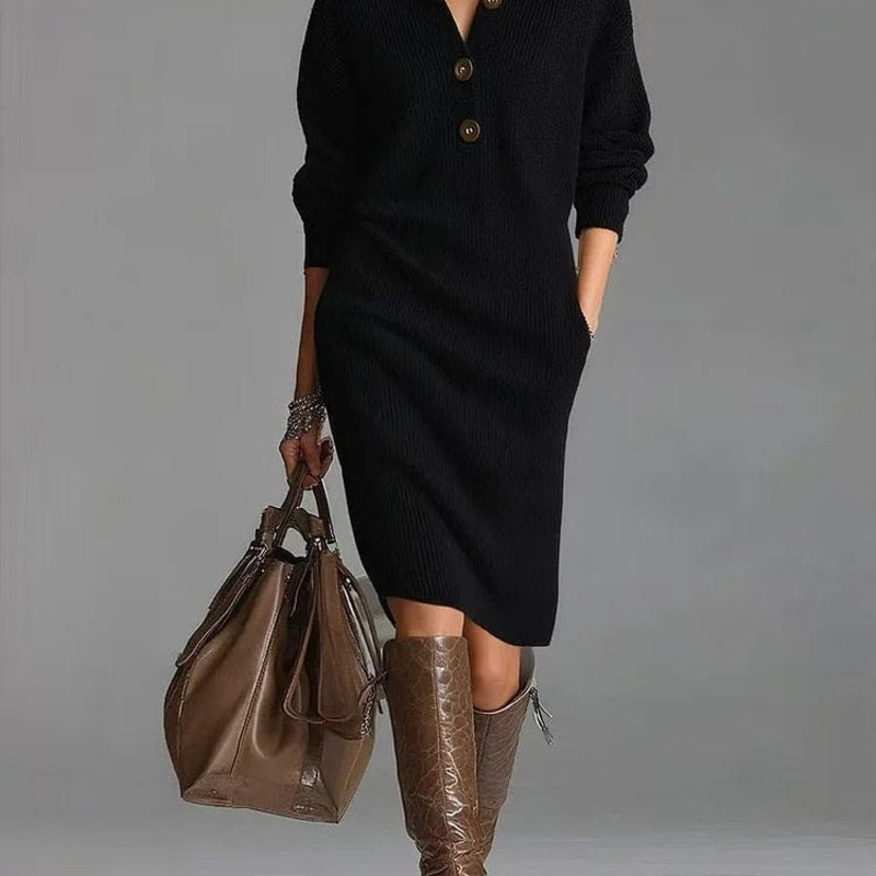 Mabel Collared Button Front Knit Midi Dress_1