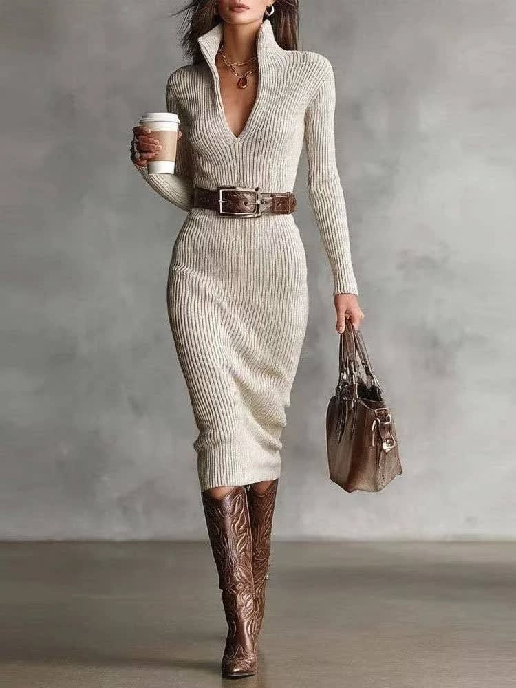 Mabel Collared Button Front Knit Midi Dress_2