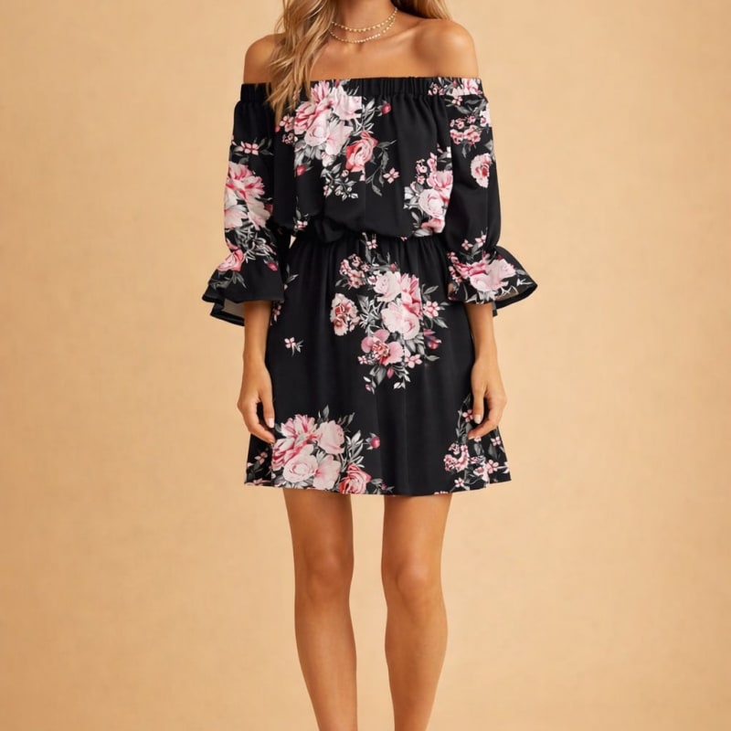 Winifred Floral Print Off Shoulder Ruffle Summer Dress_1
