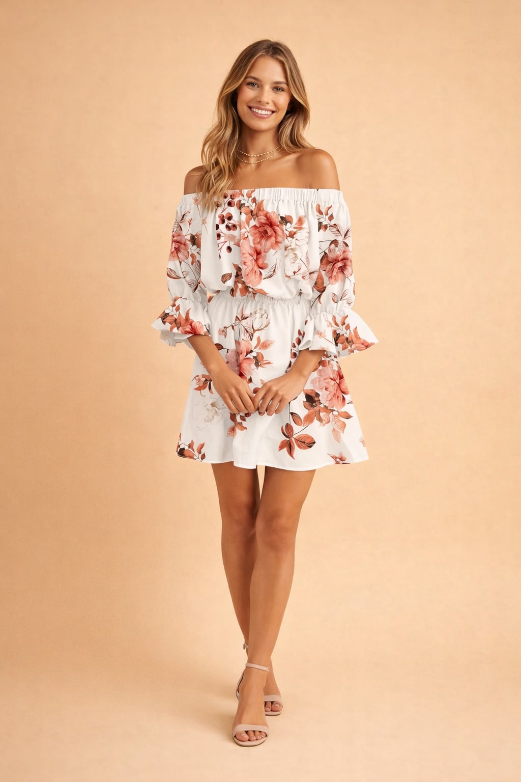 Winifred Floral Print Off Shoulder Ruffle Summer Dress_2