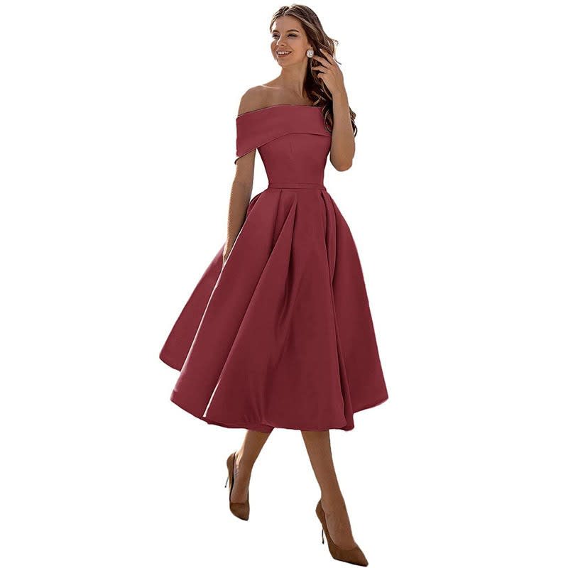Dahlia Off Shoulder Satin Wedding Guest Midi Dress_13
