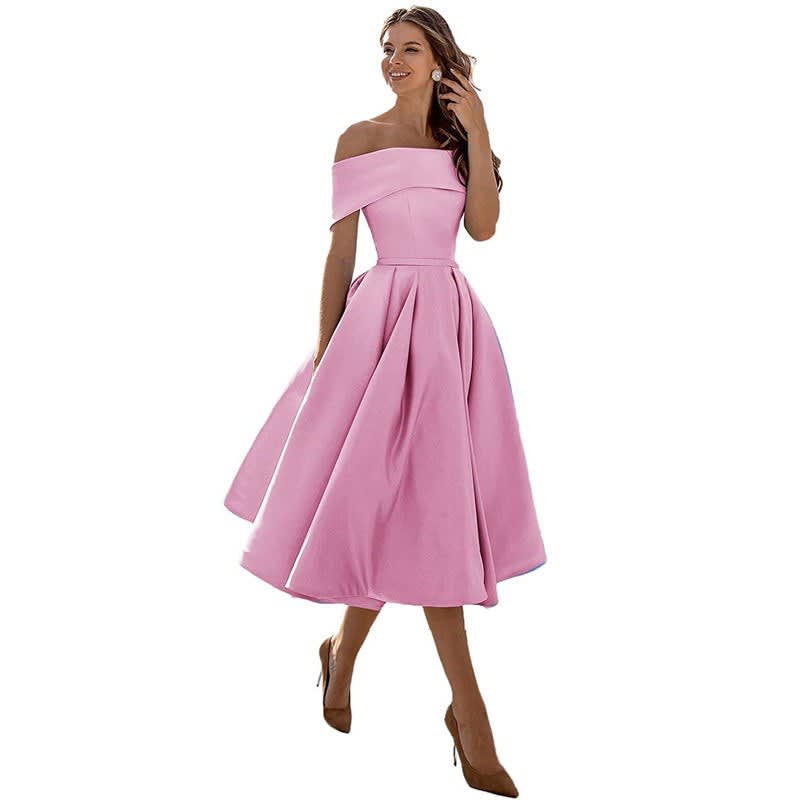 Dahlia Off Shoulder Satin Wedding Guest Midi Dress_16