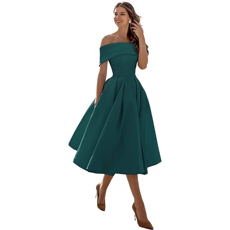 Dahlia Off Shoulder Satin Wedding Guest Midi Dress_3