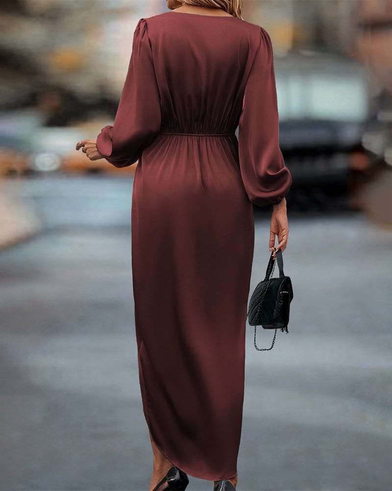 Carys Satin Long Sleeve Wrap Homecoming Dress_2