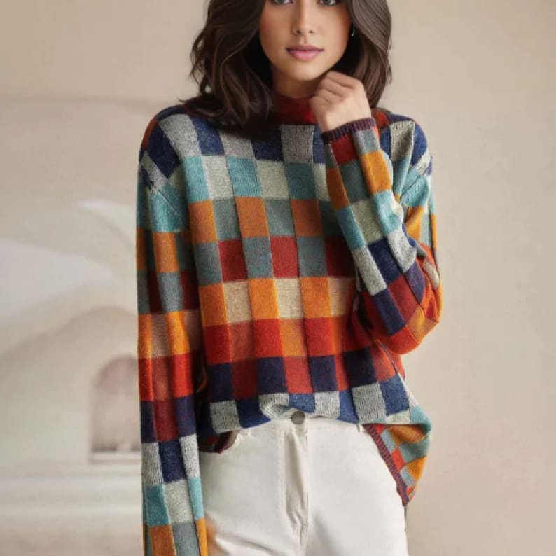 Cherie Multicolor Check Knit Mock Neck Sweater_2