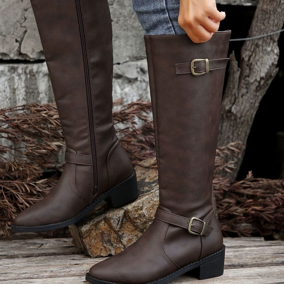 Lauren Faux Leather Buckle Knee High Riding Boots_7