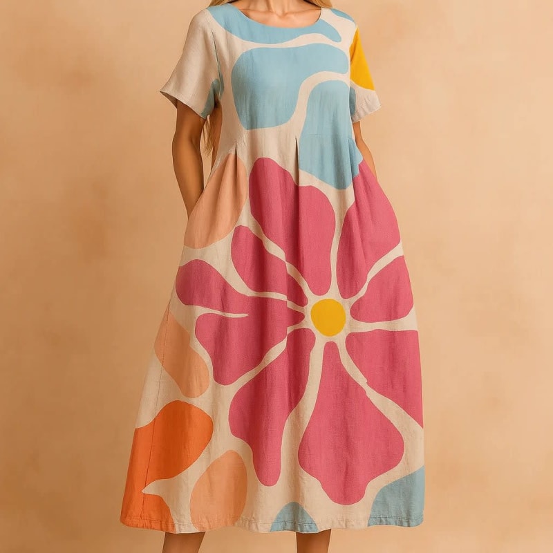 Marisol Floral Print Linen Relaxed Fit Midi Dress_1