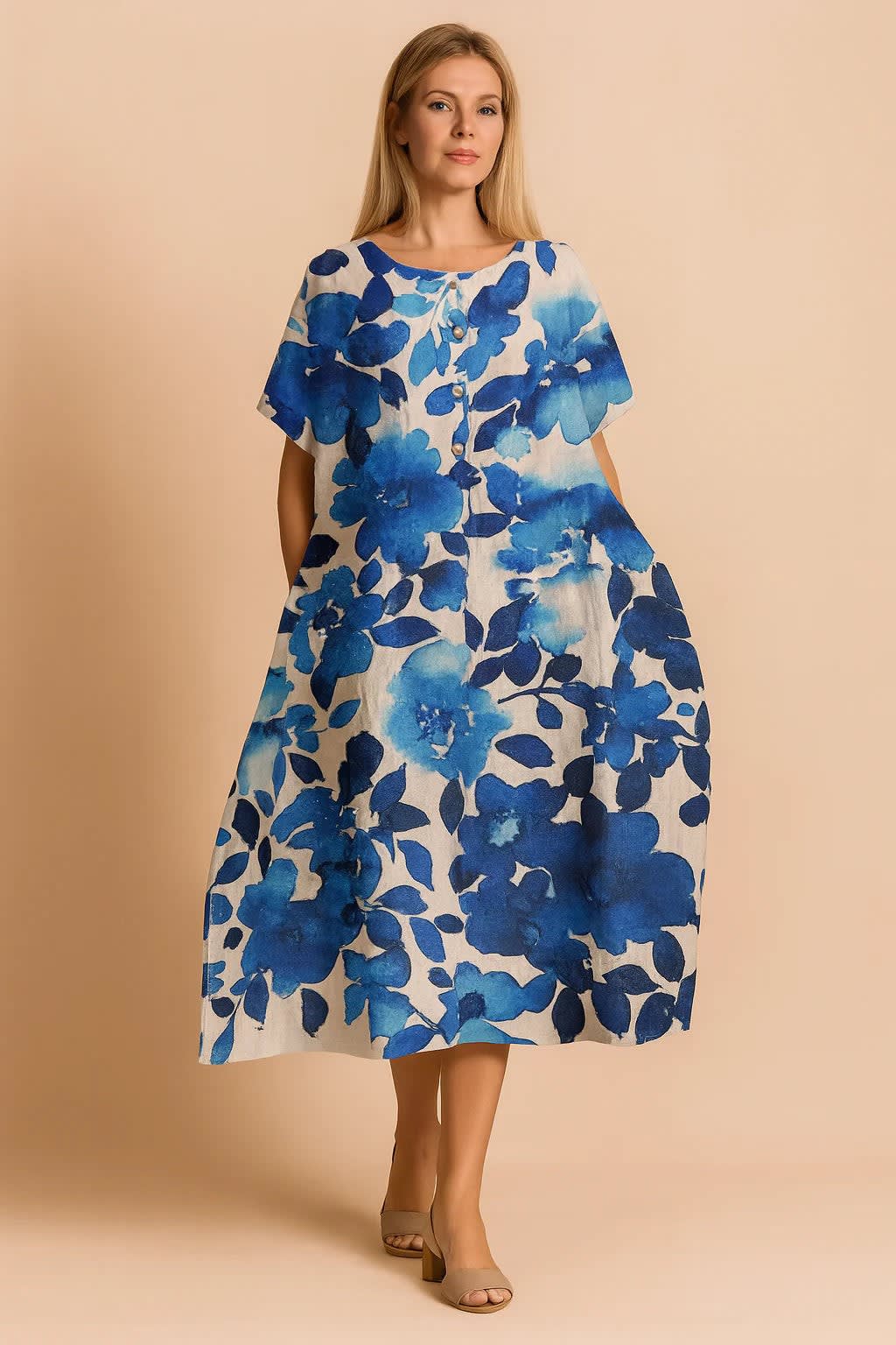 Marisol Floral Print Linen Relaxed Fit Midi Dress_11