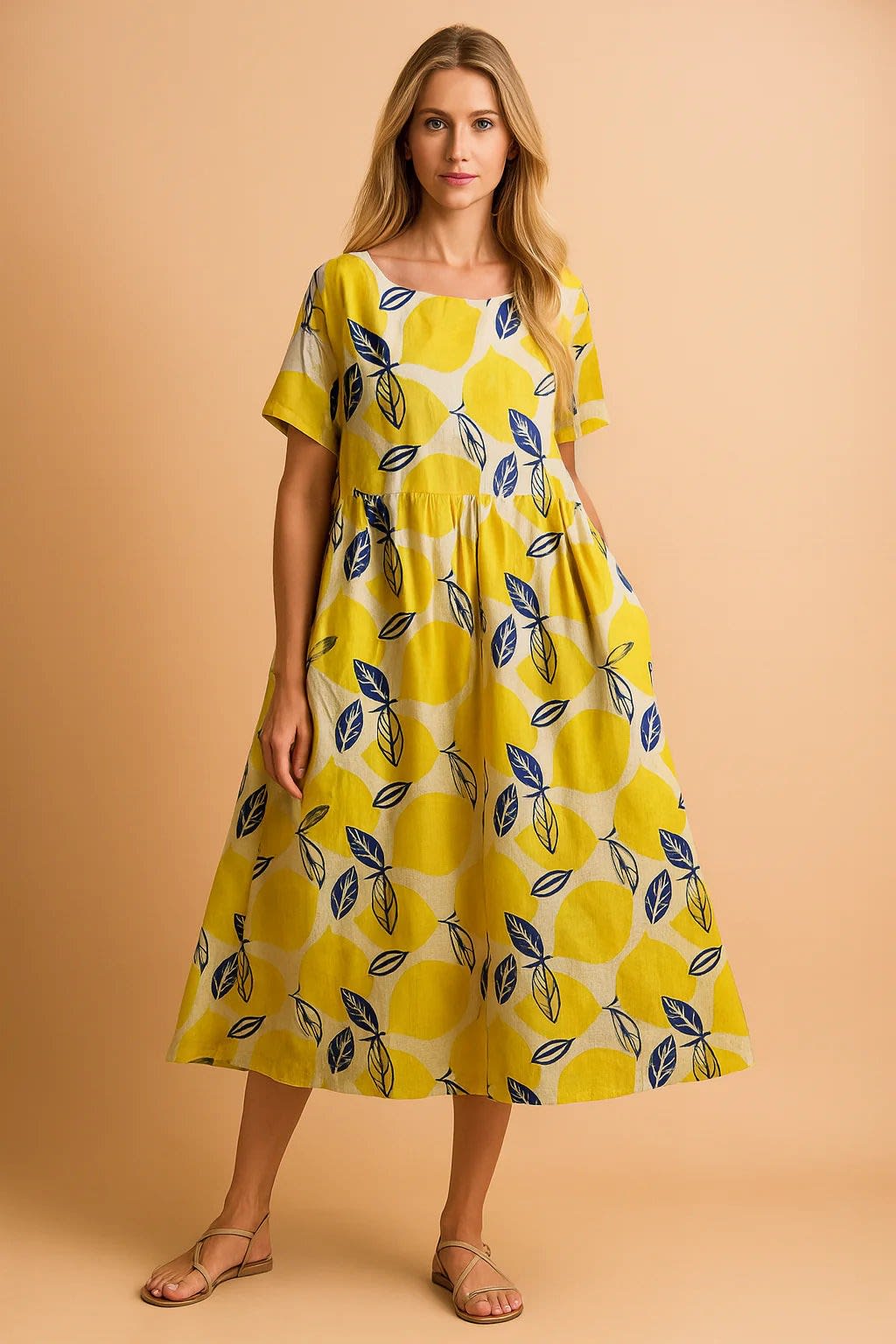 Marisol Floral Print Linen Relaxed Fit Midi Dress_3