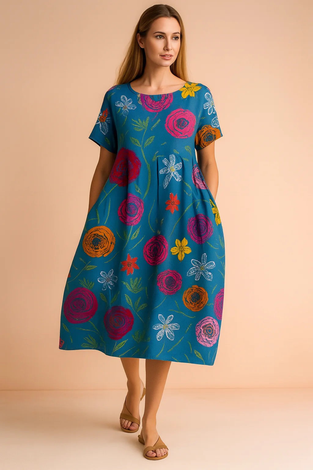 Marisol Floral Print Linen Relaxed Fit Midi Dress_7