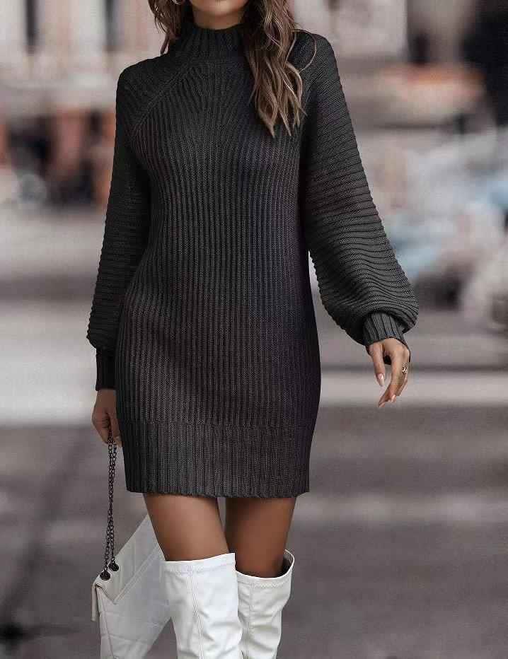 Lila Ribbed Knit Lantern Sleeve Sweater Dress_5