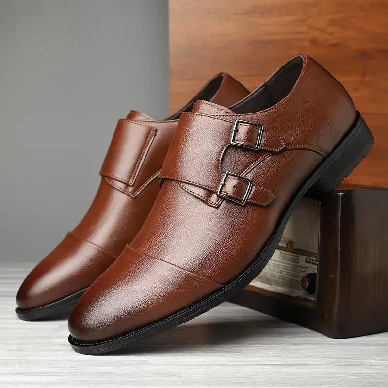 Norman Pebbled Leather Cap Toe Double Monk Dress Shoes_1