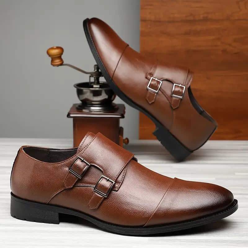 Norman Pebbled Leather Cap Toe Double Monk Dress Shoes_2