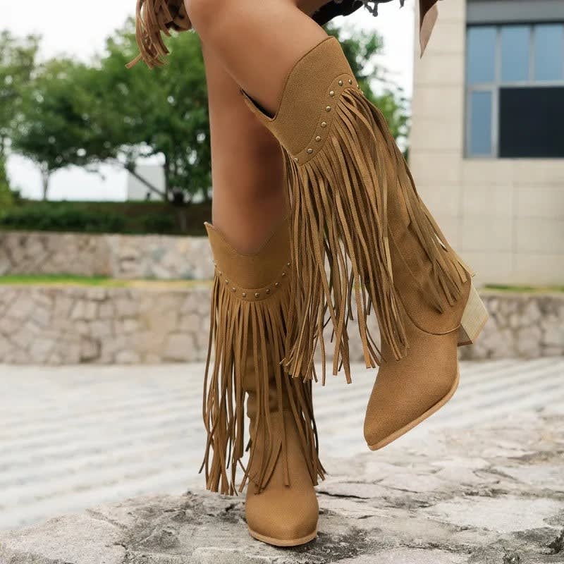 Giselle Fringe Studded Block Heel Western Style Boots_1