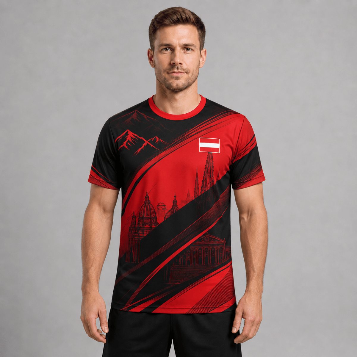 Ethan Austria Red Black Design Men's Football Jersey WM 2026