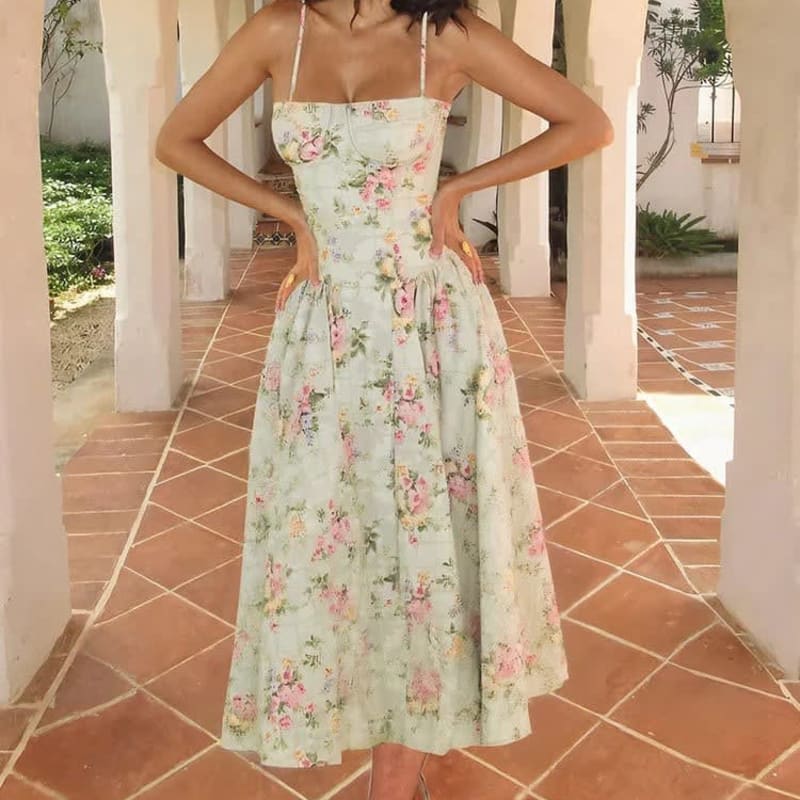 Flora Floral Fitted Bodice Wedding Guest Midi Dress_1