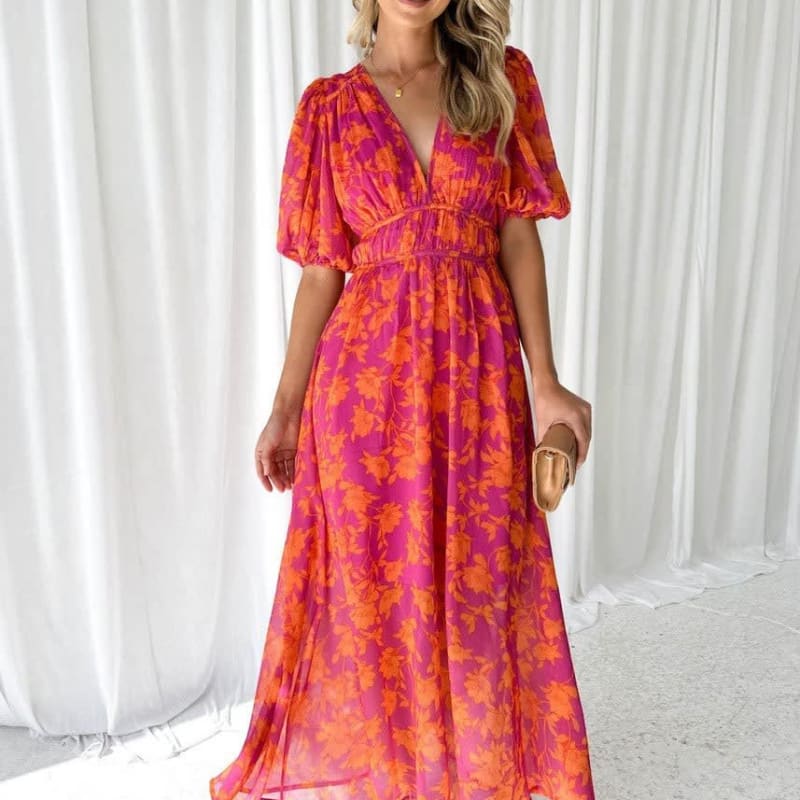 Oriana Floral Balloon Sleeve Wedding Guest Maxi Dress_1