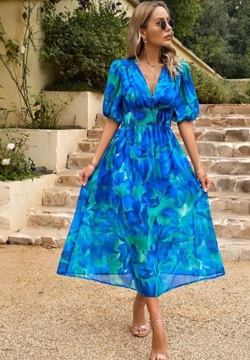 Junia Floral Puff Sleeve Wedding Guest Midi Dress_5