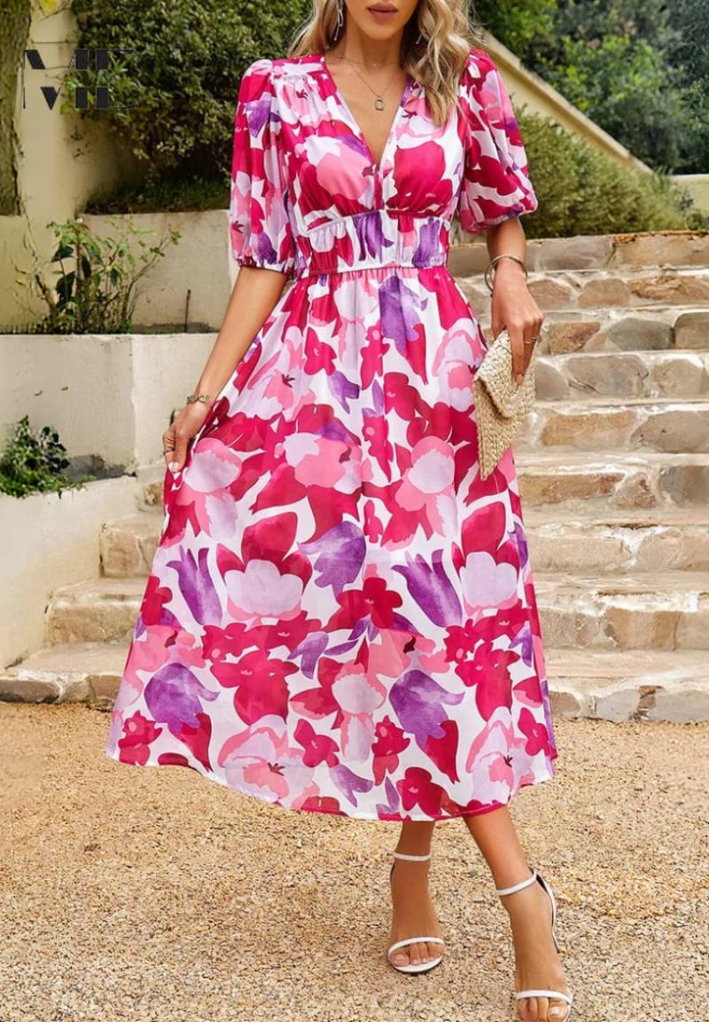 Junia Floral Puff Sleeve Wedding Guest Midi Dress_8