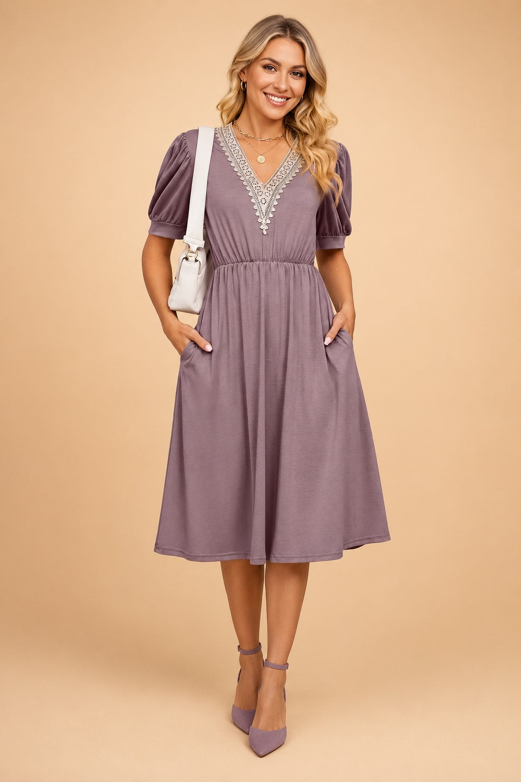 Jessamine V-Neck Lace Trim Short Sleeve Summer Dress_3