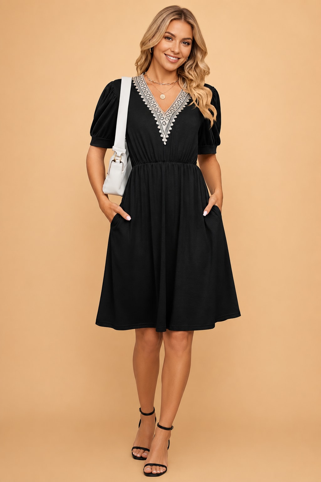 Jessamine V-Neck Lace Trim Short Sleeve Summer Dress_9