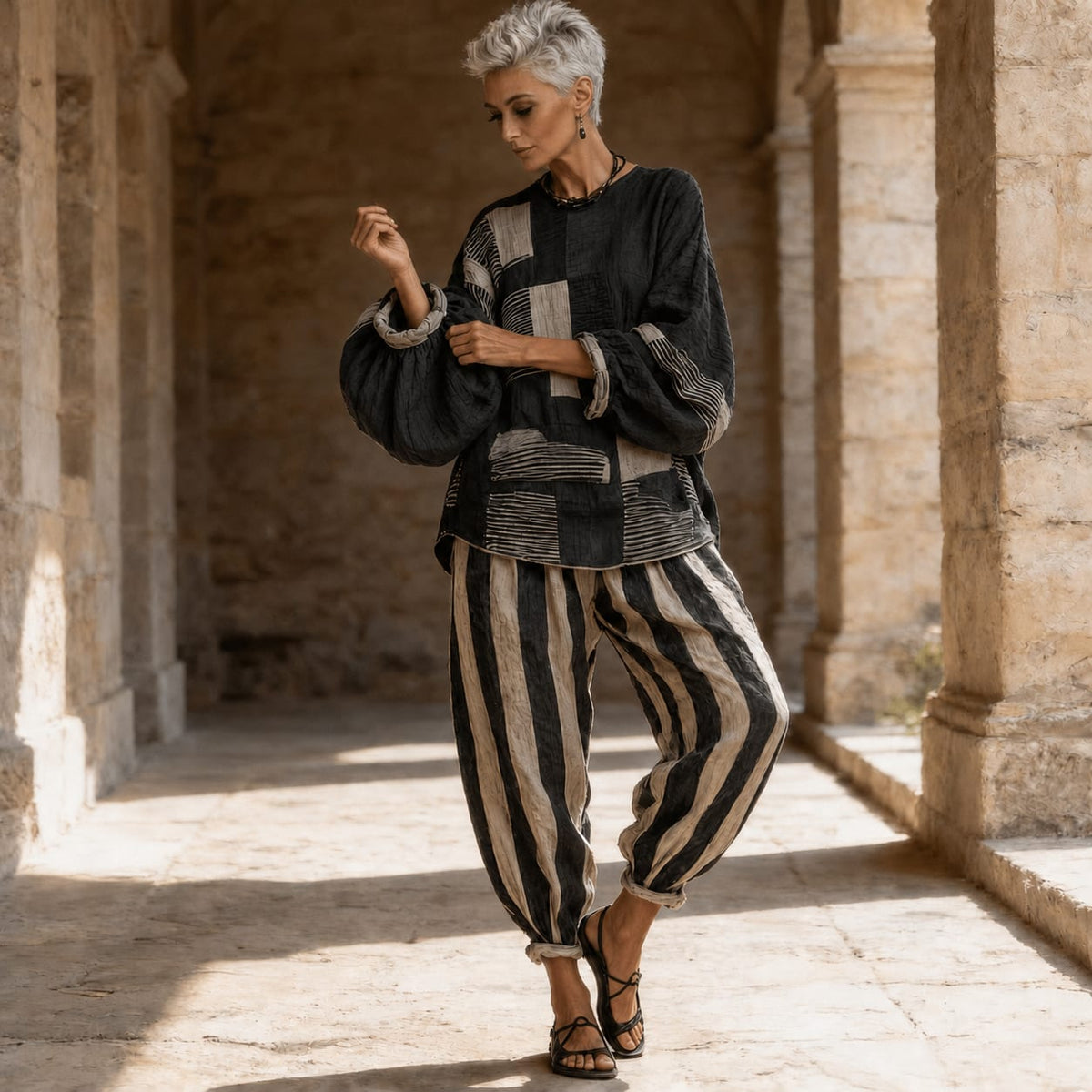 Fern Striped Color Block Oversized Top and Balloon Pants Two Piece Set_4