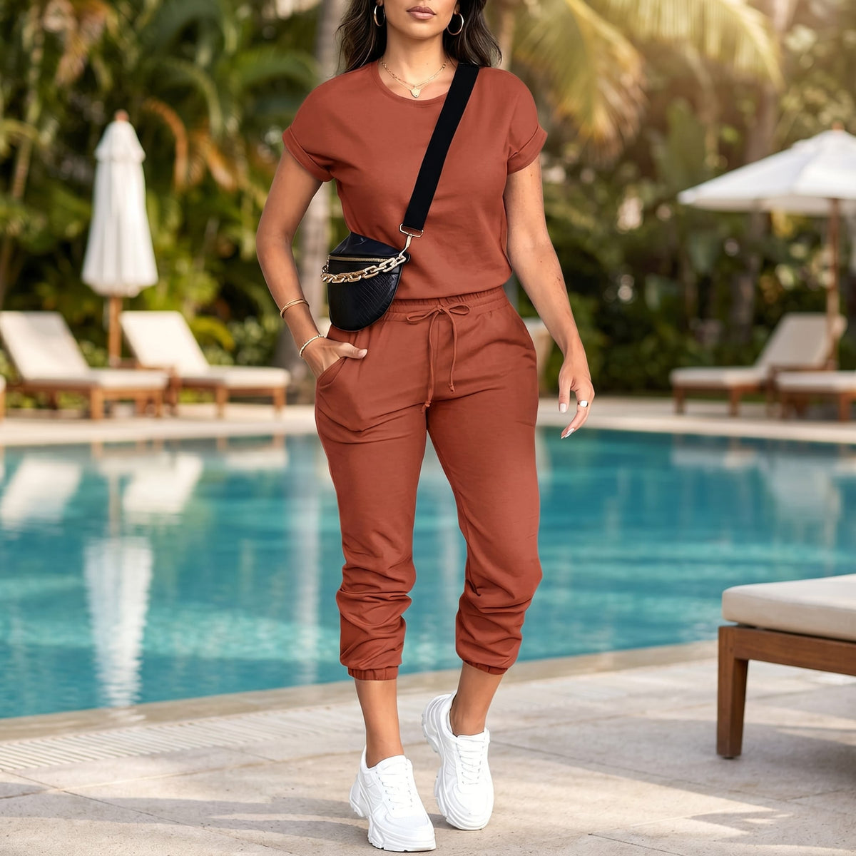 Delia Short Sleeve Tee and Jogger Two Piece Set with Pockets_2