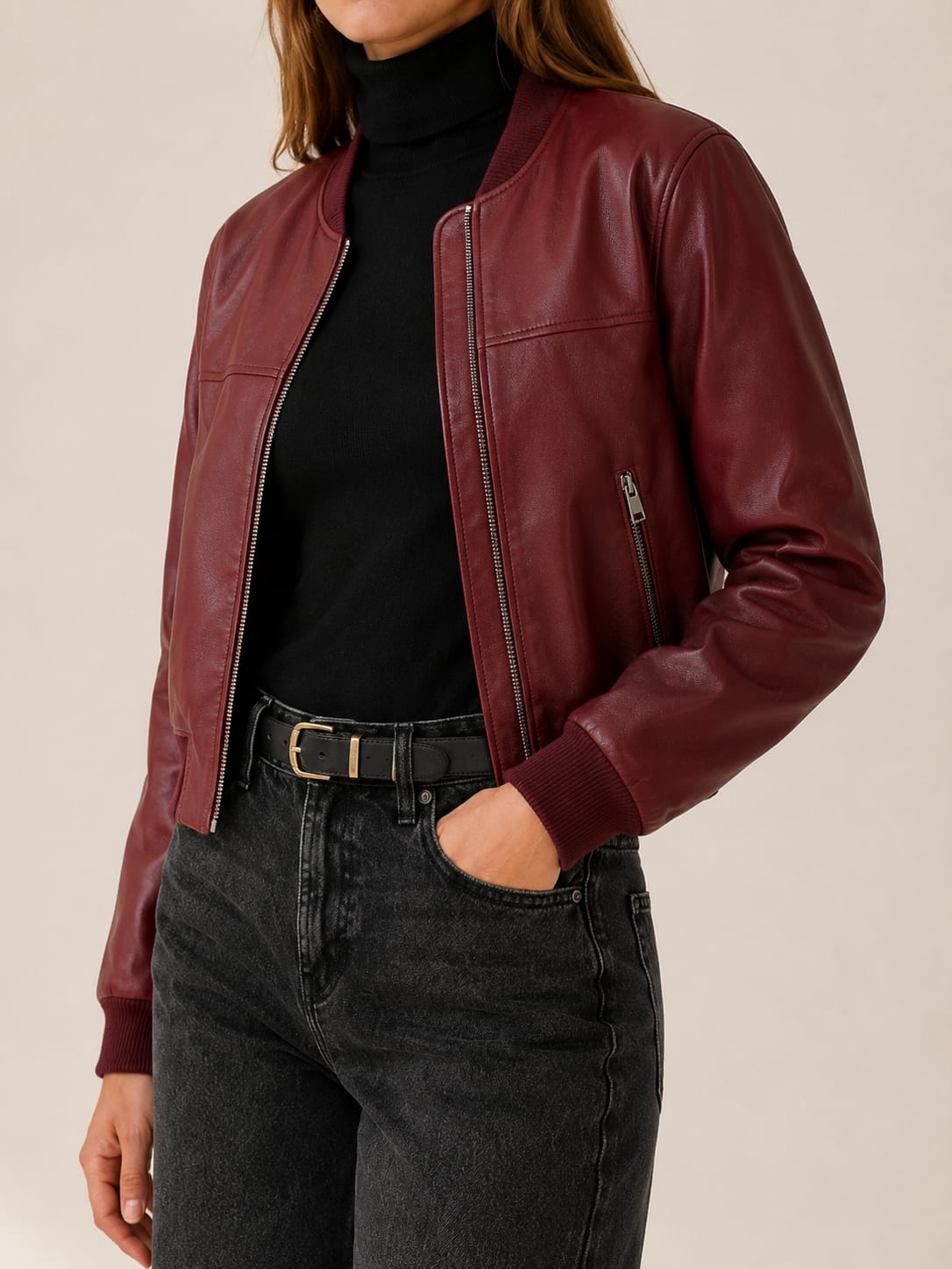 Romy Cropped Collarless Faux Leather Bomber Jacket_3