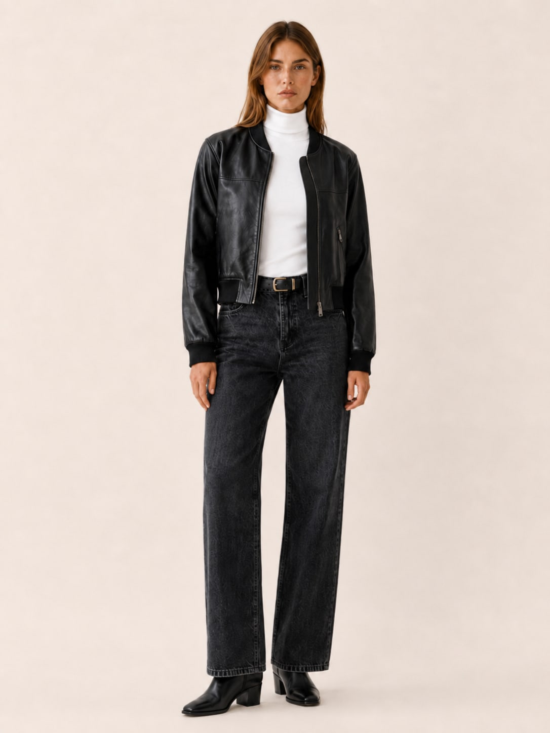 Romy Cropped Collarless Faux Leather Bomber Jacket_5