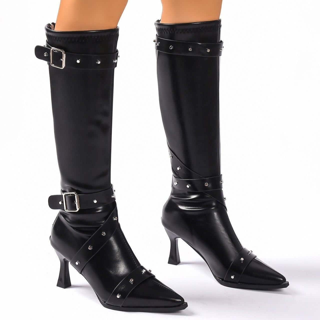 Esperanza Studded Pointed Toe Knee High Boots_16