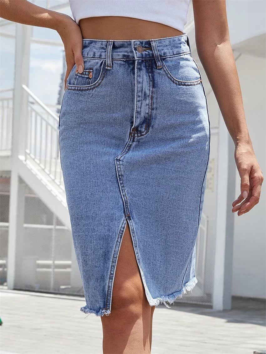 Ottoline High Waist Front Slit Denim Midi Skirt_2