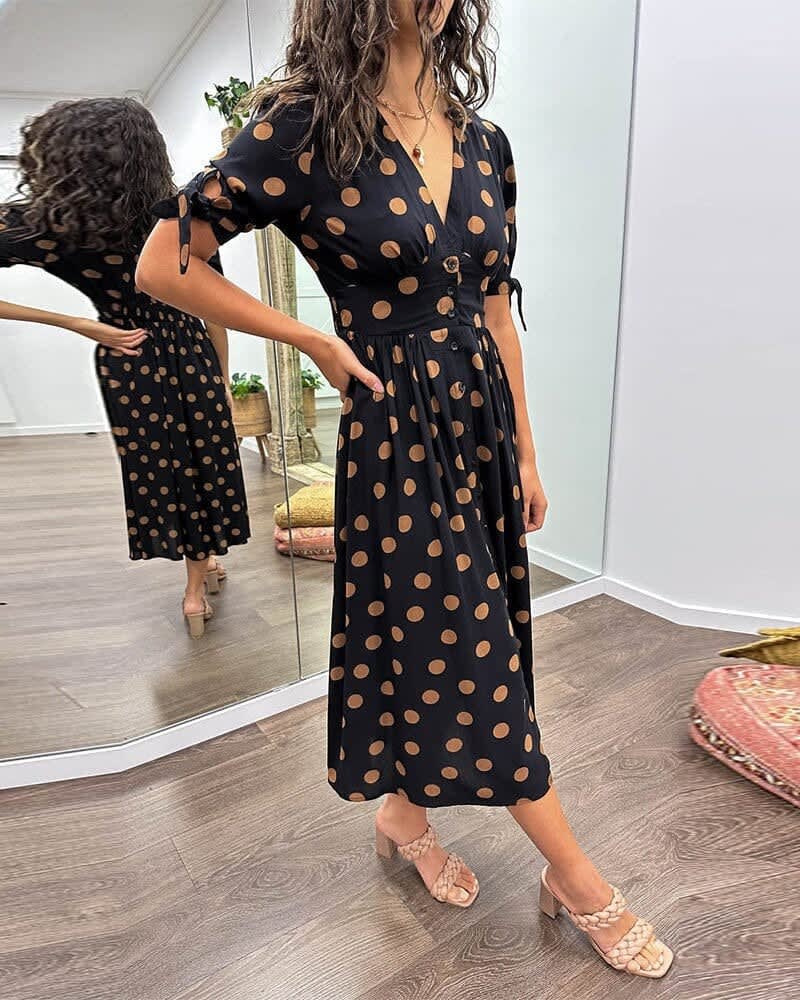 Xanthe V-Neck Button Front Polka Dot Midi Dress_3