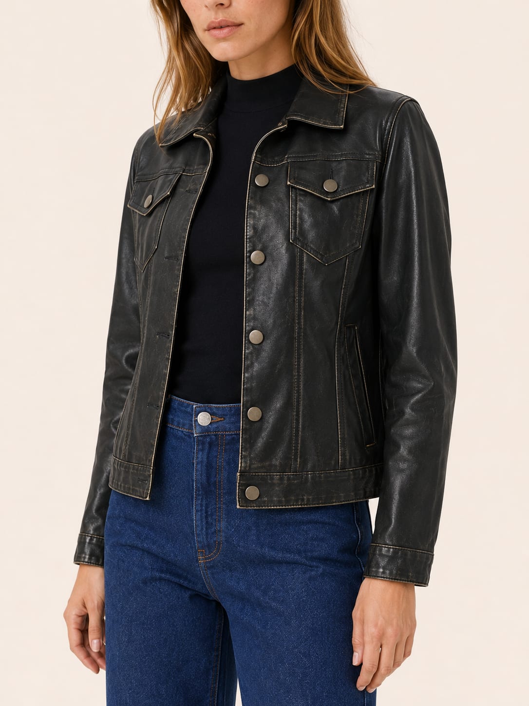 Sylvie Vintage Washed Faux Leather Trucker Jacket_4