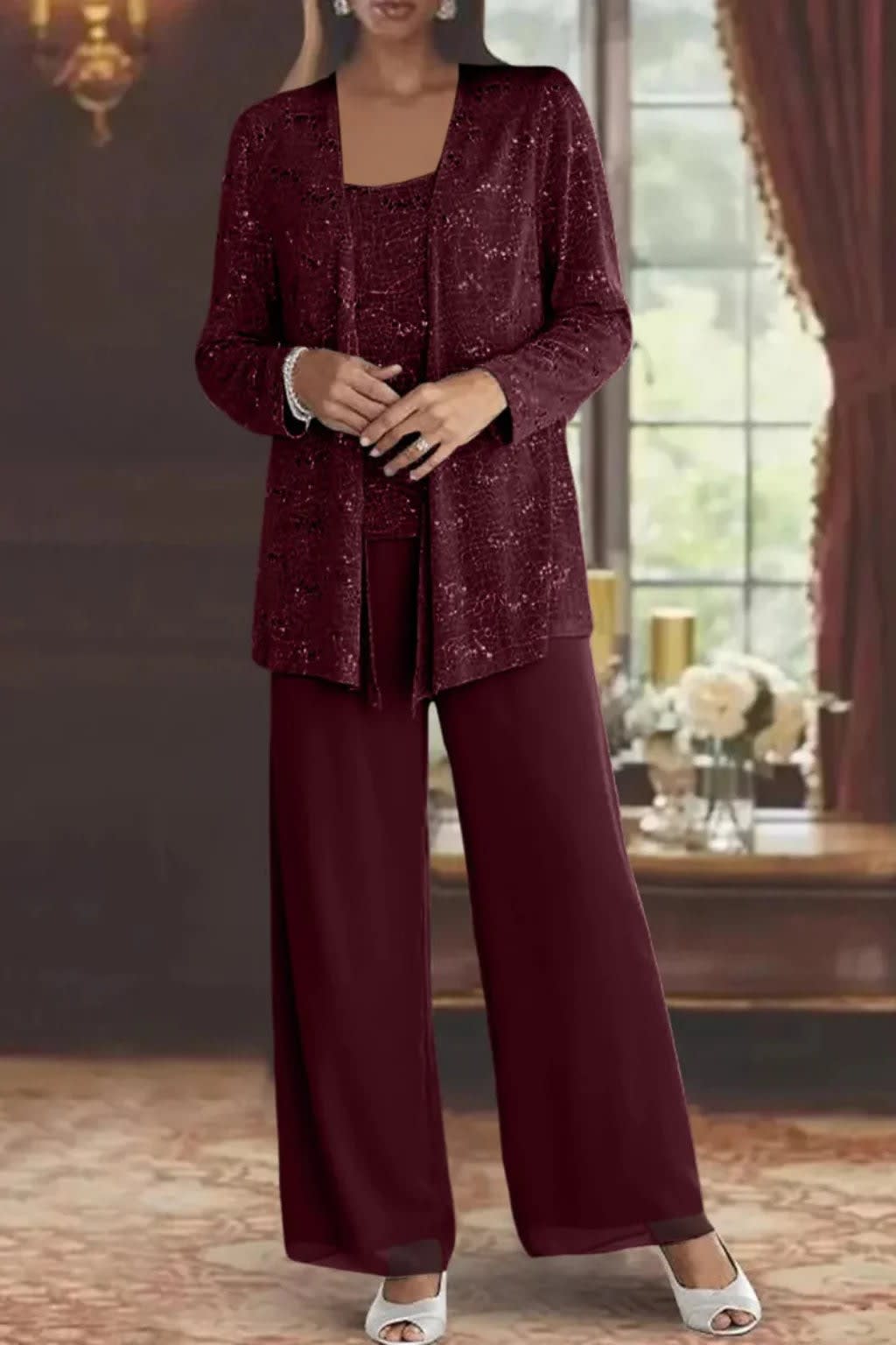 Solene Sequin Lace Wedding Guest Trouser Suit with Jacket_12
