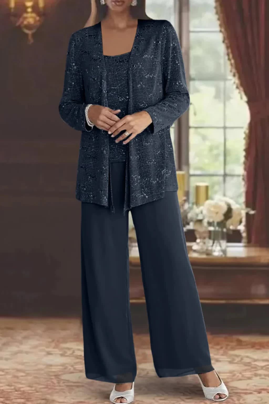 Solene Sequin Lace Wedding Guest Trouser Suit with Jacket_8
