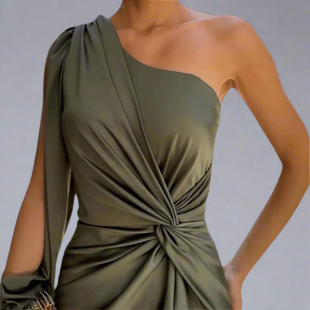 Ines One Shoulder Ruched Slit Evening Maxi Dress_2