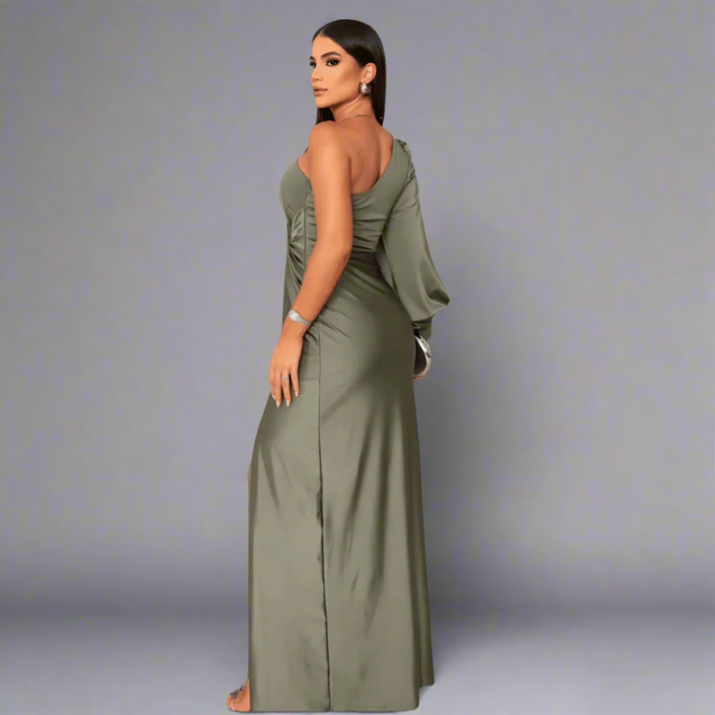 Ines One Shoulder Ruched Slit Evening Maxi Dress_4