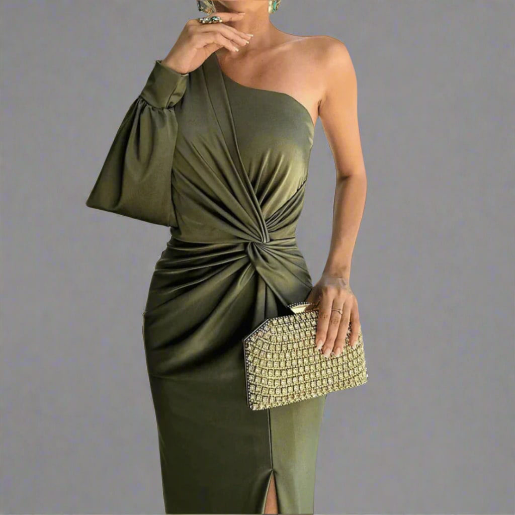 Ines One Shoulder Ruched Slit Evening Maxi Dress_5