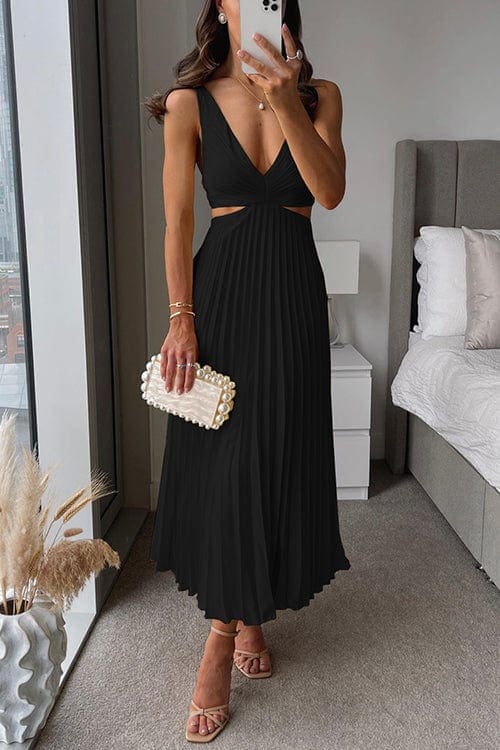 Jolie Pleated Satin V-Neck Wedding Guest Midi Dress_4