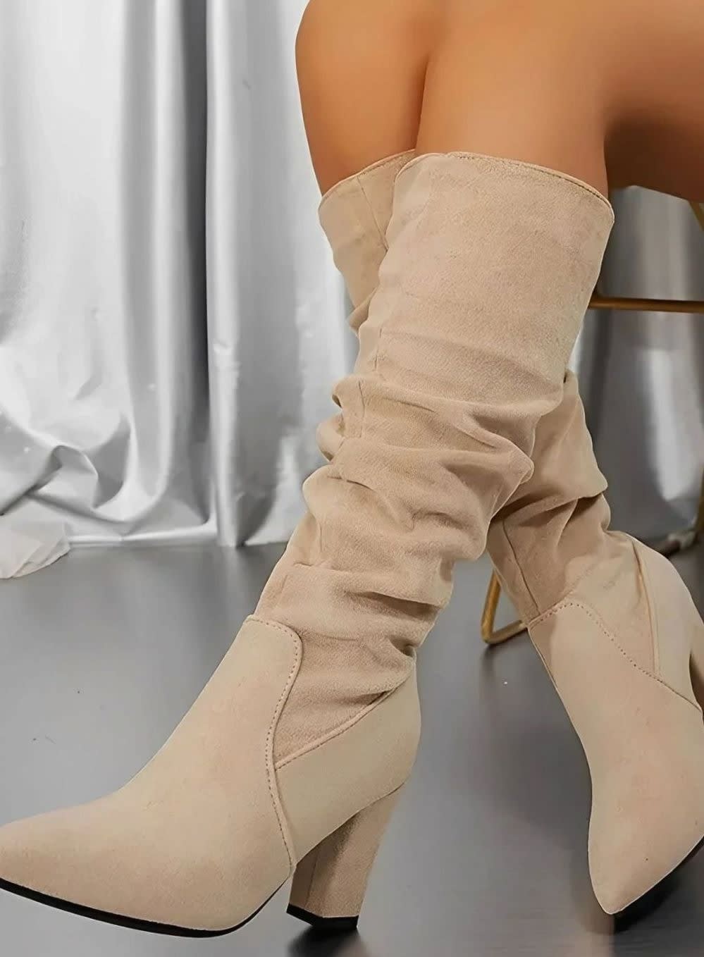 Vanessa Faux Suede Ruched Block Heel Knee High Boots_4