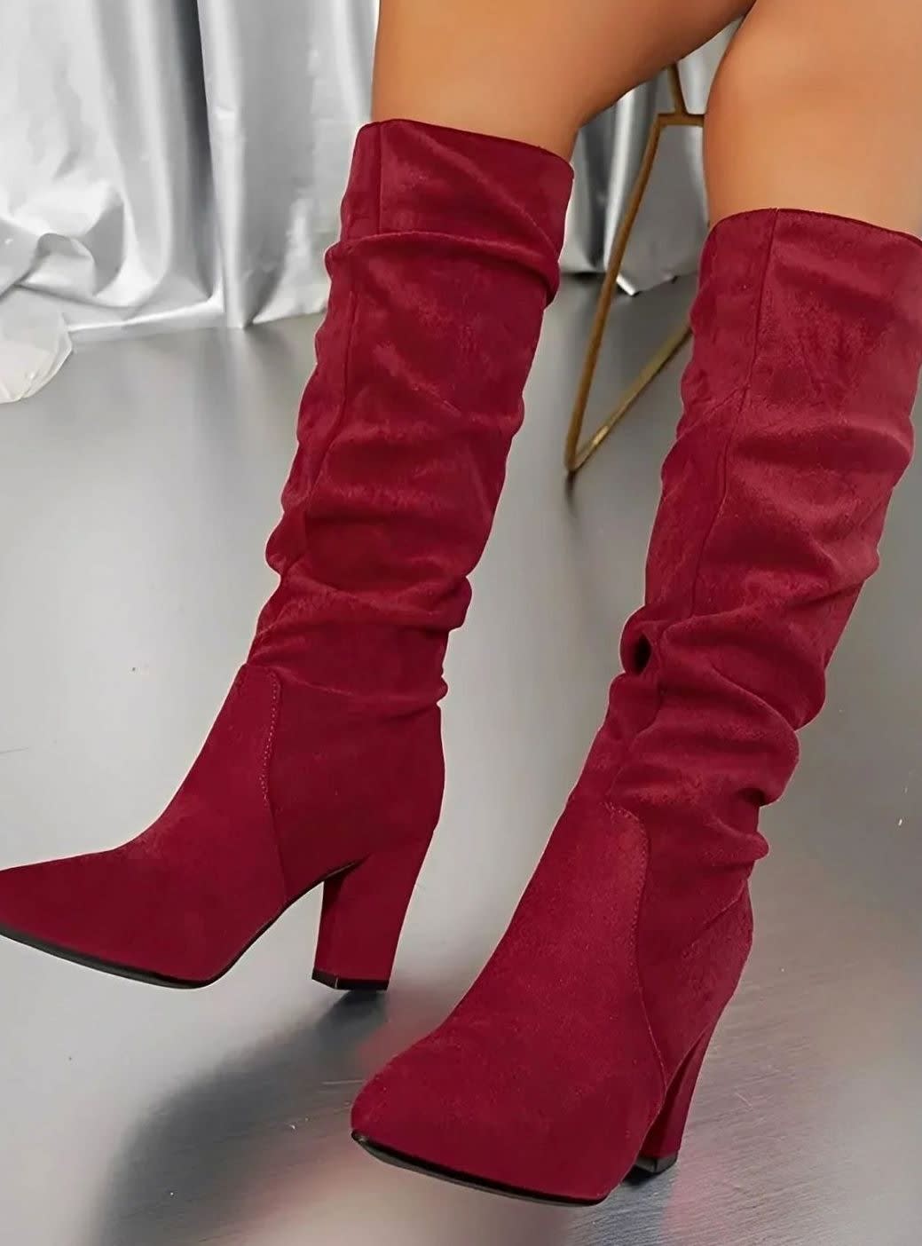 Vanessa Faux Suede Ruched Block Heel Knee High Boots_6