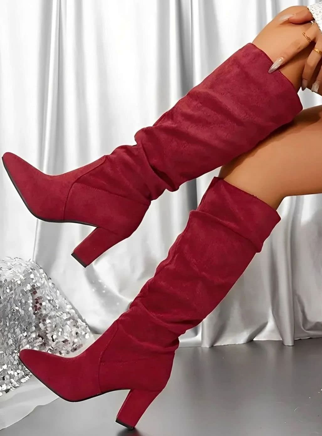 Vanessa Faux Suede Ruched Block Heel Knee High Boots_7