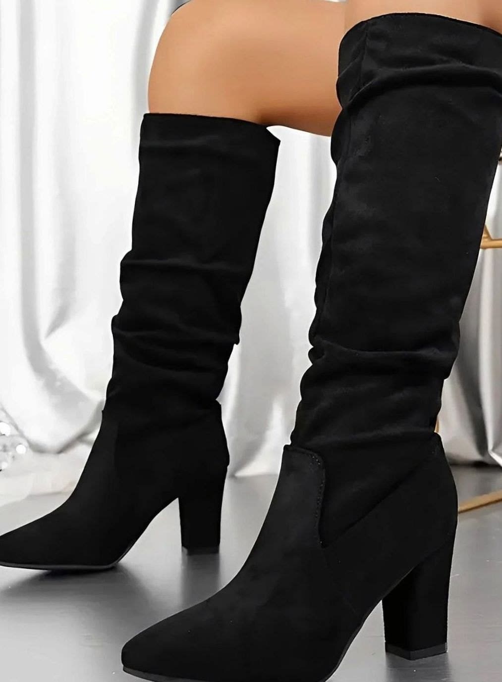 Vanessa Faux Suede Ruched Block Heel Knee High Boots_9