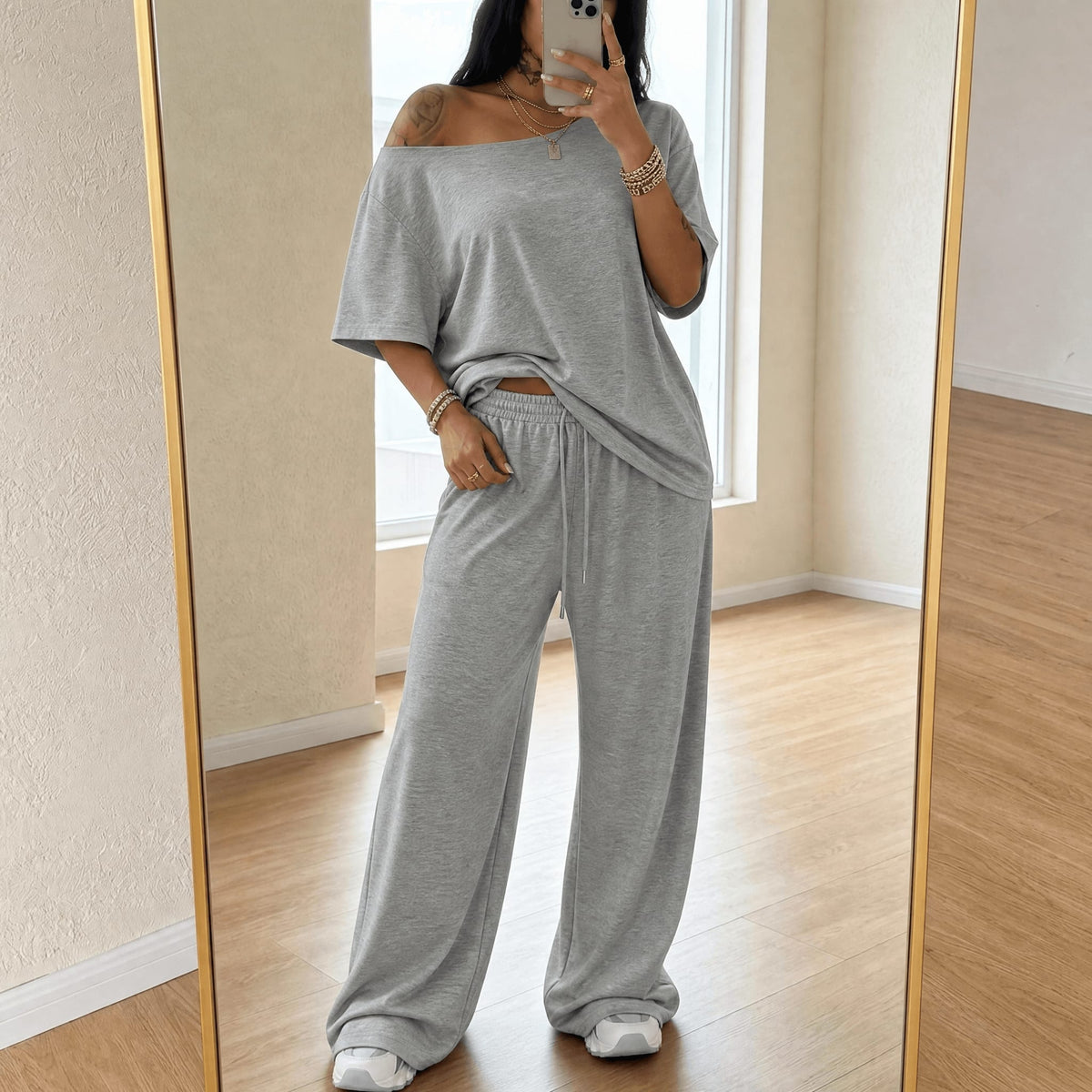 Annika Off-Shoulder Top and Wide Leg Pants Two Piece Lounge Set_11