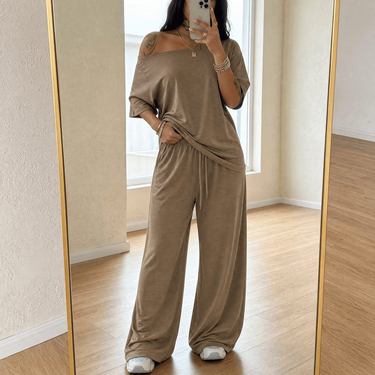 Annika Off-Shoulder Top and Wide Leg Pants Two Piece Lounge Set_13