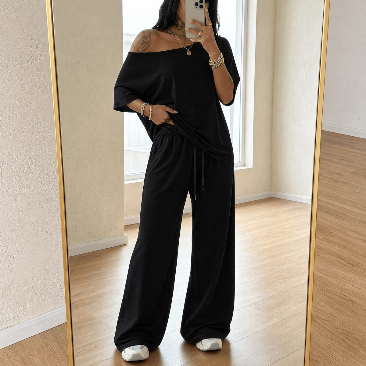 Annika Off-Shoulder Top and Wide Leg Pants Two Piece Lounge Set_14